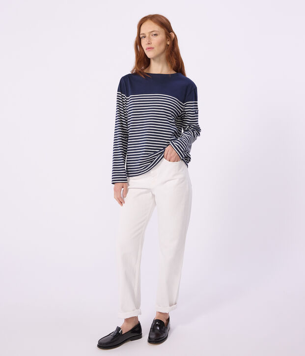 Damen-Shirt Marini&egrave;re aus Baumwolle mit Streifen blau/weiss