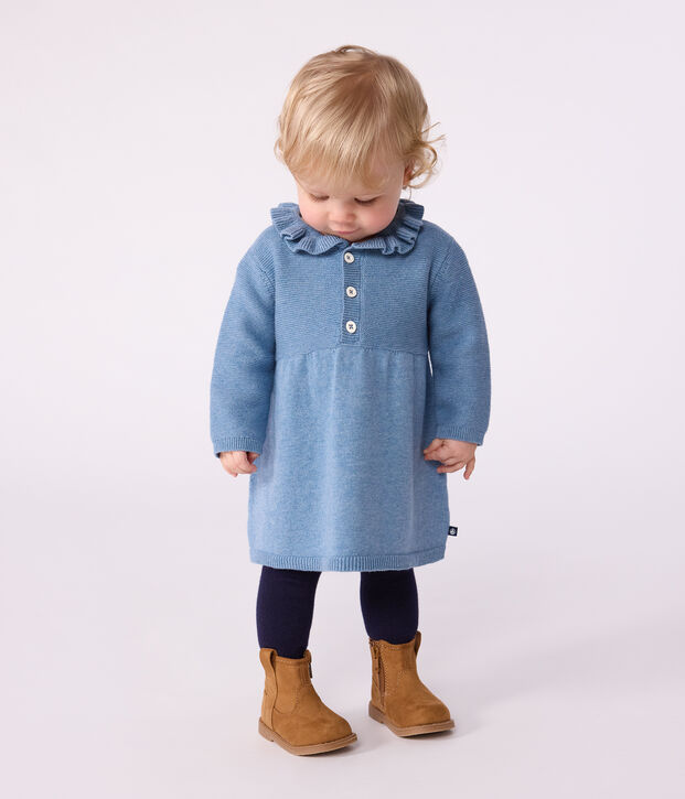 Baby-Kleid aus einfarbiger Wolle und Baumwolle blau