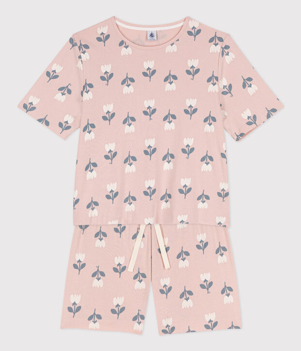 Kurzpyjama aus Baumwolle mit Tulpenmotiv f&uuml;r Damen rosa/vielfarbig