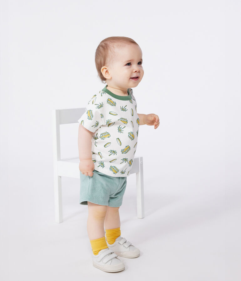 Kurz&auml;rmeliges Baby-T-Shirt aus Baumwolle mit Schiffchenmuster weiss/gelb