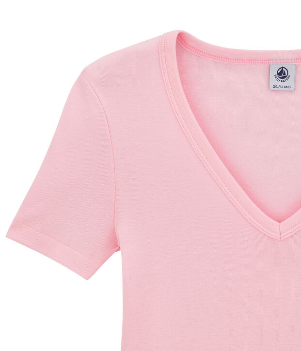 Damen-T-Shirt mit V-Ausschnitt aus Original-Rippstrick rosa