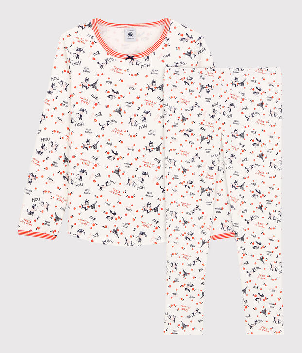 Kinderpyjama aus Bio-Baumwolle mit Paris-Print f&uuml;r M&auml;dchen weiss/vielfarbig