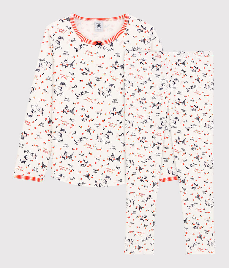 Kinderpyjama aus Bio-Baumwolle mit Paris-Print f&uuml;r M&auml;dchen weiss/vielfarbig