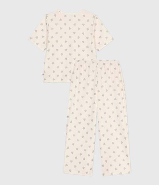 Kurzärmeliger Damen-Pyjama mit weitem Bein aus Baumwolle mit Herz-Motiv naturfarben MILK/ ARGENT