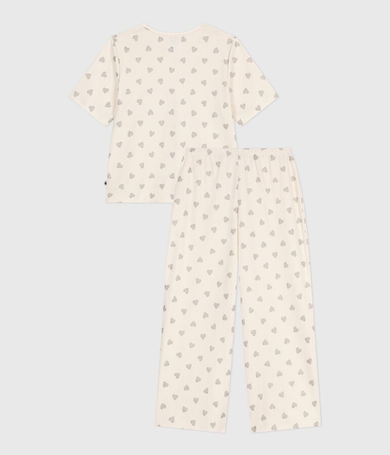 Kurz&auml;rmeliger Damen-Pyjama mit weitem Bein aus Baumwolle mit Herz-Motiv naturfarben/grau