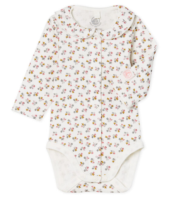 Langärmliger Neugeborenen-Body aus Rippstrick für Mädchen weiss MARSHMALLOW/rosa CHARME/ MULTICO