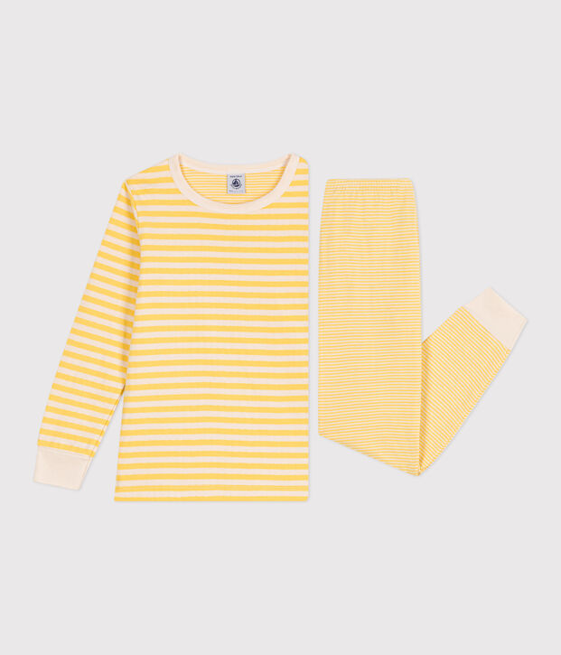Kinder-Pyjama aus Doppeljersey mit Streifen gelb/naturfarben