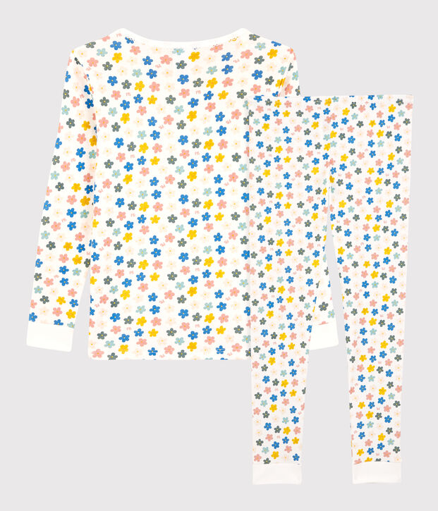 Kinderpyjama aus Baumwolle mit phosphoreszierenden Blumen f&uuml;r M&auml;dchen weiss/vielfarbig