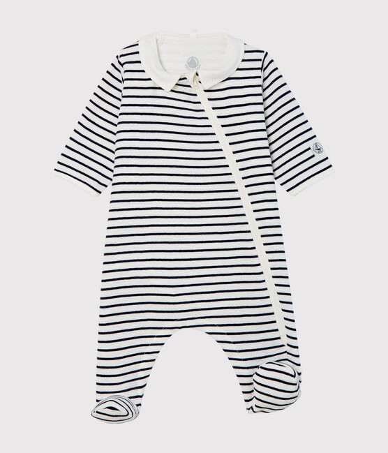 Baby-Bodyjama mit Reißverschluss aus Rippstrick weiss MARSHMALLOW/blau SMOKING
