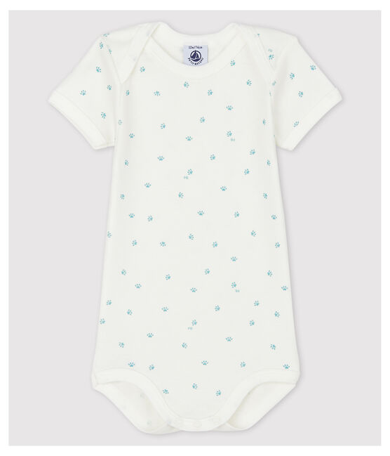 Kurzärmeliger Baby-Body mit Babyfüßchen-Motiv weiss MARSHMALLOW/weiss MISTIGRI