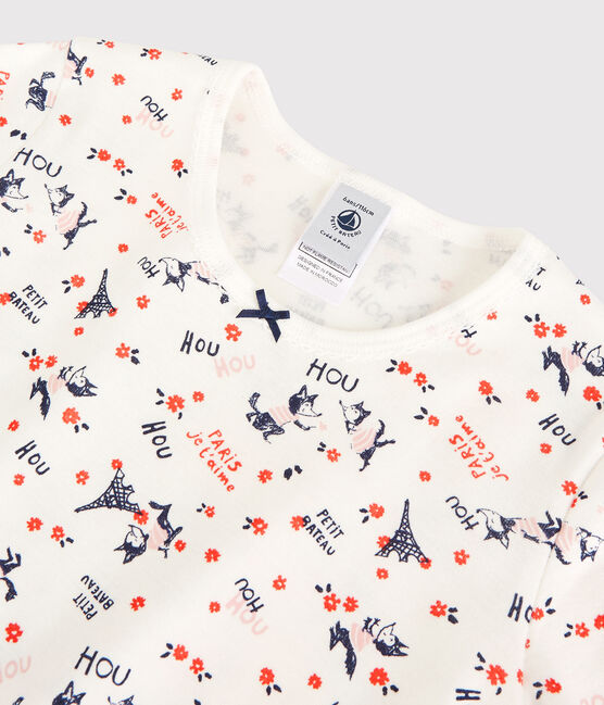 Snugfit-Kinderpyjama aus Bio-Baumwolle mit Paris-Print für Mädchen weiss MARSHMALLOW/weiss MULTICO