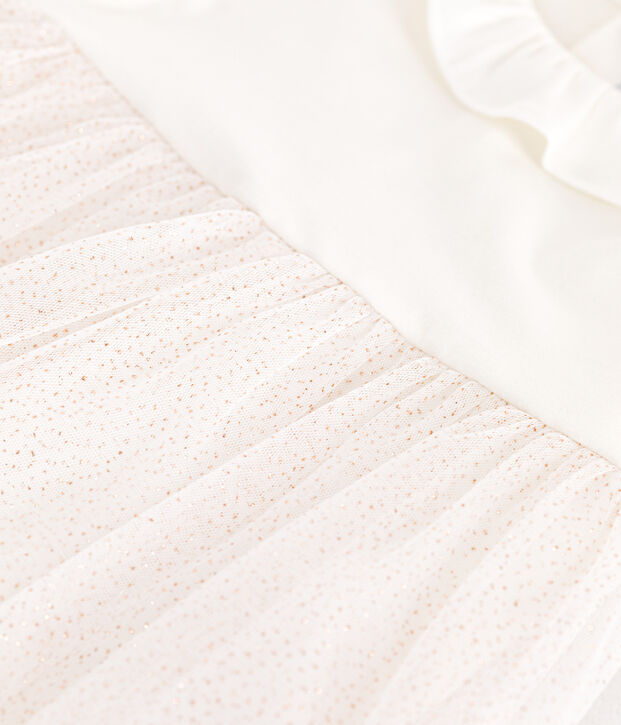 Kurz&auml;rmeliges Baby-Kleid aus Baumwolle und T&uuml;ll mit Halskrause weiss/rosa