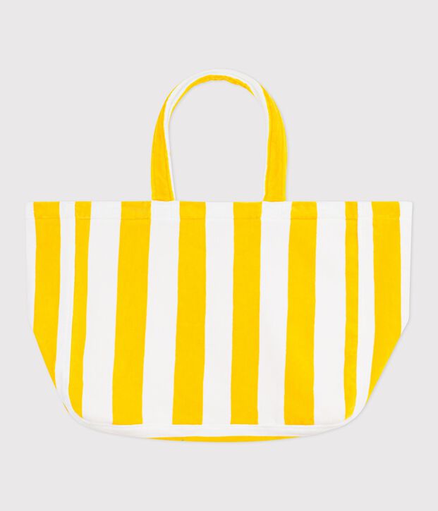 Damen-Strandtasche aus Baumwollfrottee mit Streifen gelb/weiss