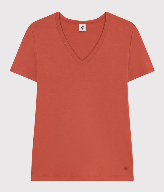 Damen-T-Shirt L'Iconique mit V-Ausschnitt aus Baumwolle, unifarben braun FAMEUX