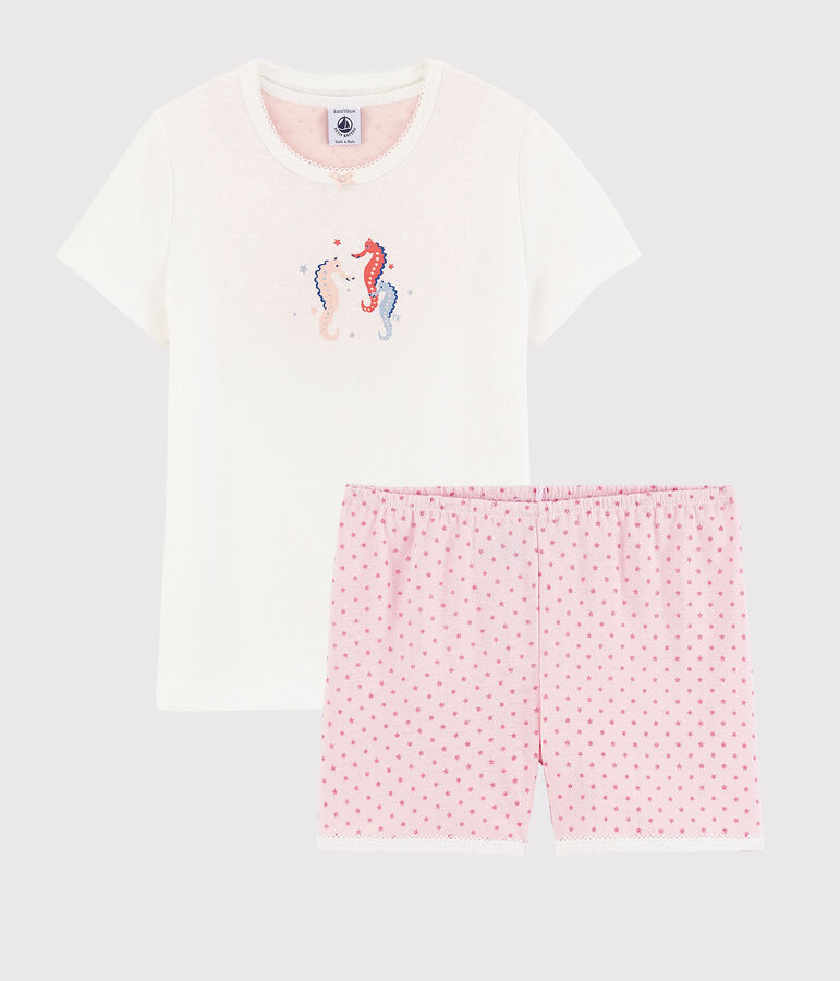 Kinder-Kurzpyjama aus Baumwolle mit Seepferdchenmotiv f&uuml;r M&auml;dchen weiss/rosa
