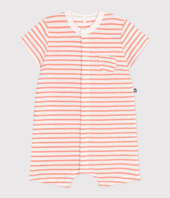 Baby-Kurzoverall aus gestreiftem Baumwoll-Frottee  orange MARSHMALLOW/ ABRICOT