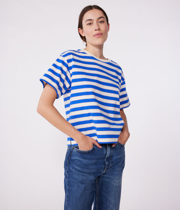 Damen-T-Shirt Le Boxy aus Baumwolle mit Streifen naturfarben/vielfarbig