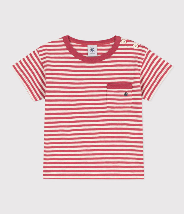Kurz&auml;rmeliges gestreiftes Baby-T-Shirt aus gestreiftem geflammtem Jersey. rosa/naturfarben