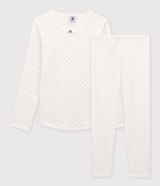 Kinderpyjama aus Bio-Baumwolle mit durchbrochenen Punkten für Mädchen weiss MARSHMALLOW/ POLOCHON