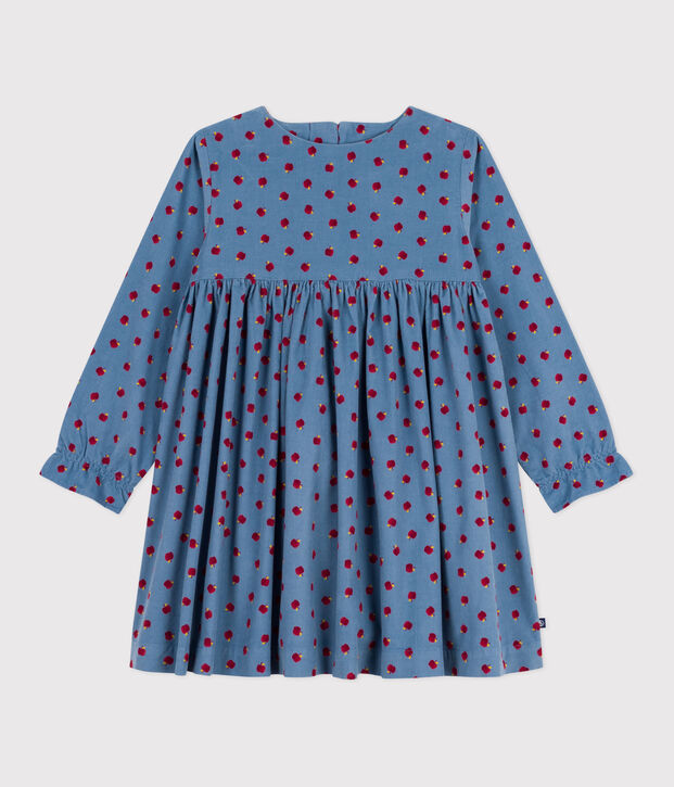 Lang&auml;rmeliges Kinder-Kleid aus bedrucktem Fein-Cord. blau/vielfarbig