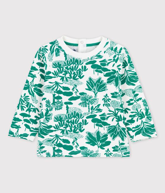 Baby-Sweatshirt aus Molton mit Pflanzenmuster weiss MARSHMALLOW/grün GAZON
