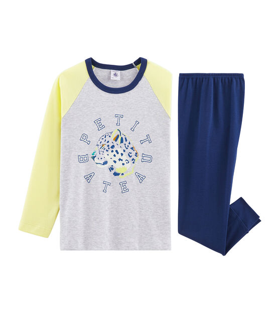 Rippstrick-Pyjama für kleine Jungen blau MEDIEVAL/weiss MULTICO