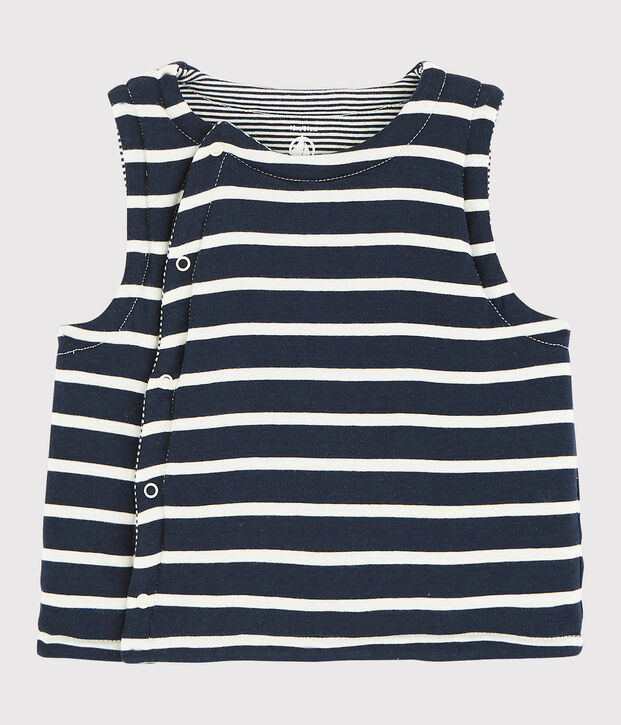 &Auml;rmellose, wendbare Baby-Jacke aus wattiertem Rippstrick blau/weiss