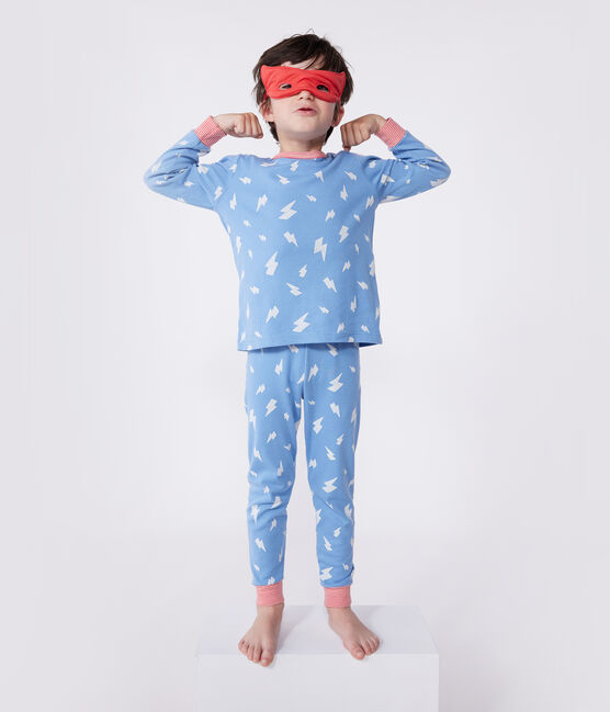 Kinder-Pyjama zum Verkleiden aus phoshoreszierender Baumwolle mit Cape blau ALASKA/weiss MULTICO