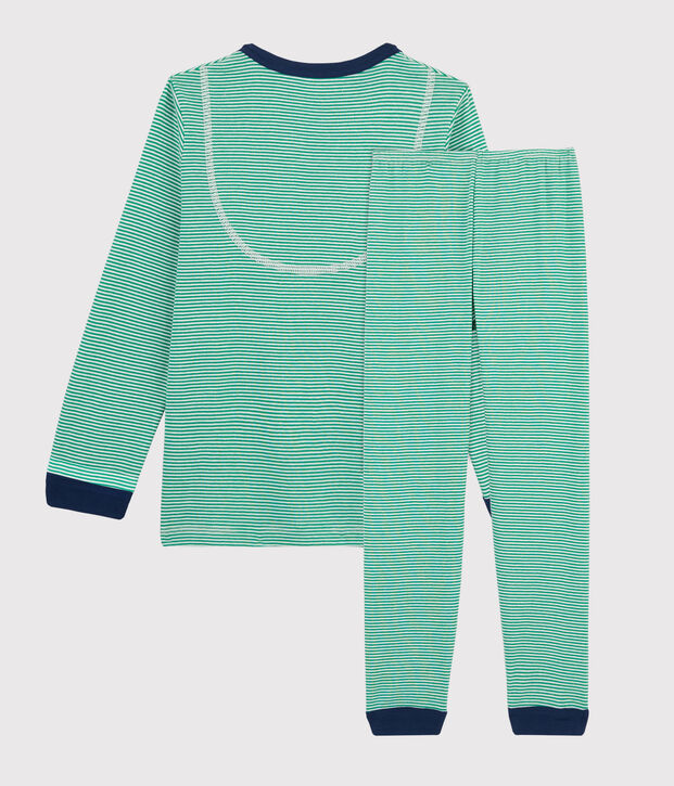 Kinderpyjama aus Rippstrick mit gr&uuml;nen Ringelstreifen f&uuml;r Jungen gr&uuml;n/weiss