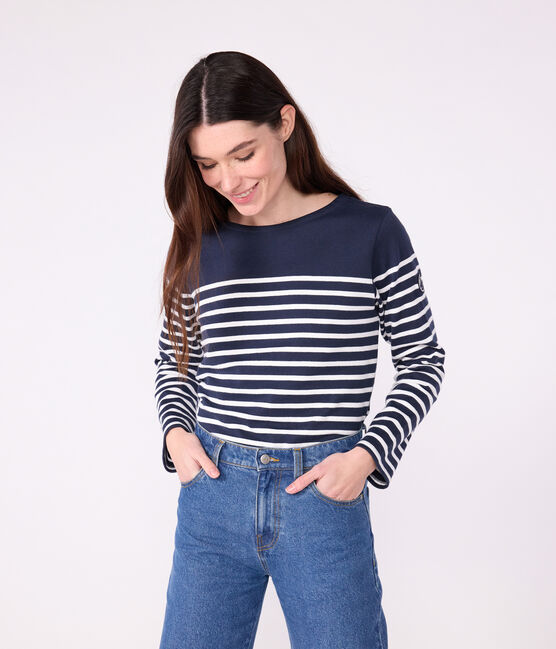 Langärmeliges Damen-Streifenshirt "Marinière" aus Baumwolle blau SMOKING/weiss MARSHMALLOW