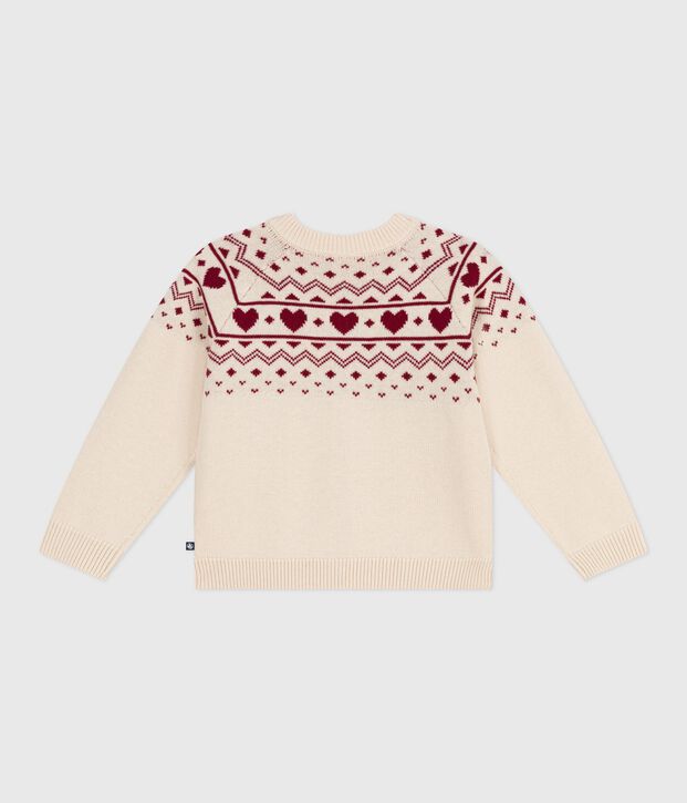 Kinder-Cardigan aus Wolle und Baumwolle mit Jacquard-Muster naturfarben/rot