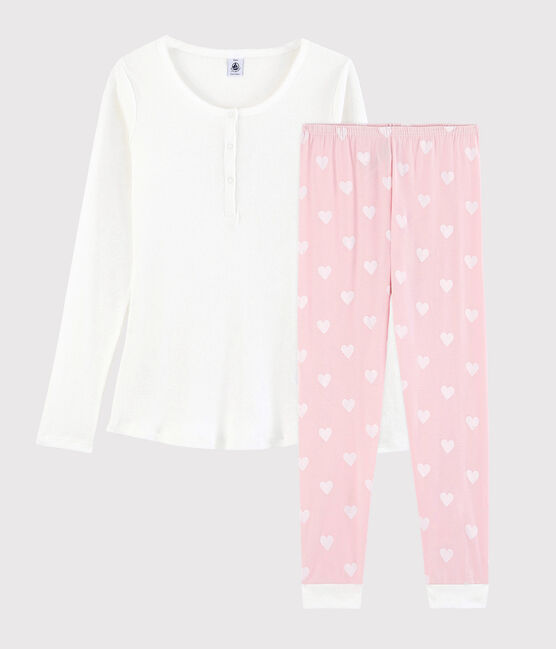 Pyjama aus Baumwolle für Mädchen/Damen weiss MARSHMALLOW/rosa MINOIS