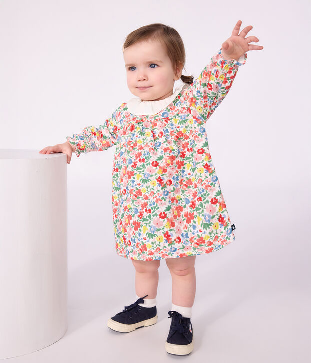 Lang&auml;rmeliges Baby-Kleid aus Baumwolle mit Blumenmuster weiss/vielfarbig
