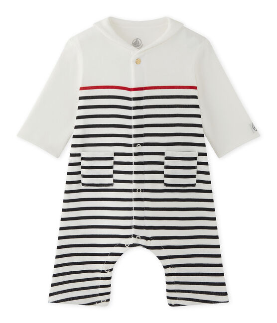 Gestreifter Baby-Jungen-Overall mit Matrosenkragen weiss LAIT/blau SMOKING/ TERKUIT