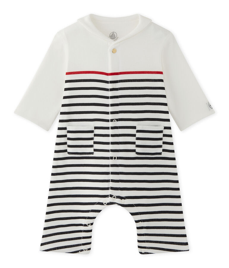 Gestreifter Baby-Jungen-Overall mit Matrosenkragen weiss LAIT/blau SMOKING/ TERKUIT