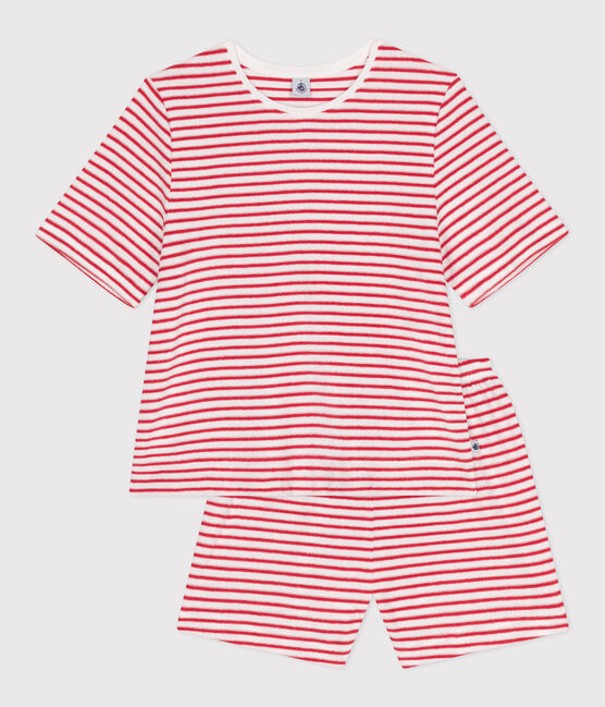 Damen-Kurzpyjama aus Baumwolle mit Streifen rot MARSHMALLOW/ SPI