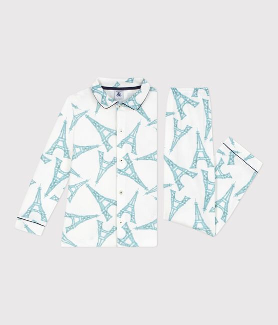 Kinder-Pyjama mit Knopfverschluss aus gemusterter Baumwolle weiss MARSHMALLOW/weiss MULTICO