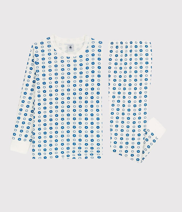Kinderpyjama aus Bio-Baumwolle mit Blumenmotiv weiss/blau