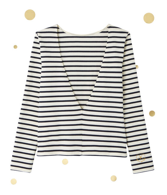 Marinière femme décolletée dans le dos. Petit bateau x Marie-Agnès Gillot beige COQUILLE/blau SMOKING