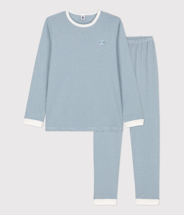 Kinderpyjama aus Baumwolle mit Ringelstreifen blau/weiss