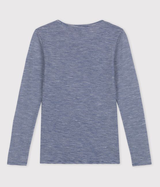 Damen-T-Shirt aus Wolle und Baumwolle mit Streifenmuster blau SMOKING/weiss MARSHMALLOW