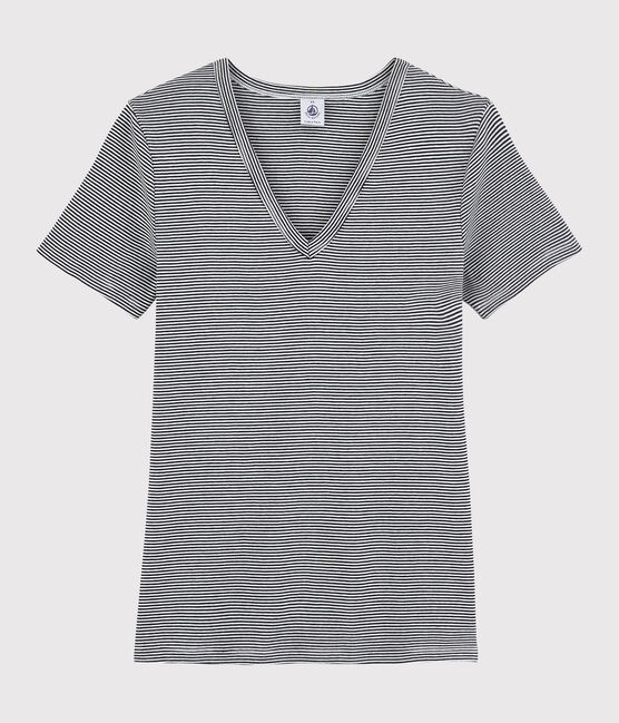 Damen-T-Shirt aus Baumwolle mit V-Ausschnitt blau SMOKING/weiss MARSHMALLOW
