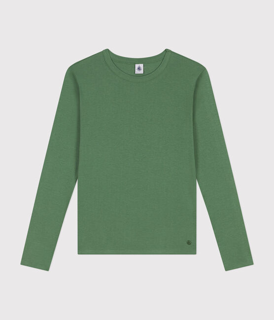 Langärmeliges Damen-T-Shirt L'Iconique aus einfarbigem Rippstrick grün PALMERAIE
