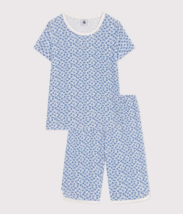 Kinder-Capripyjama aus Baumwolle mit Blumenmuster weiss/blau