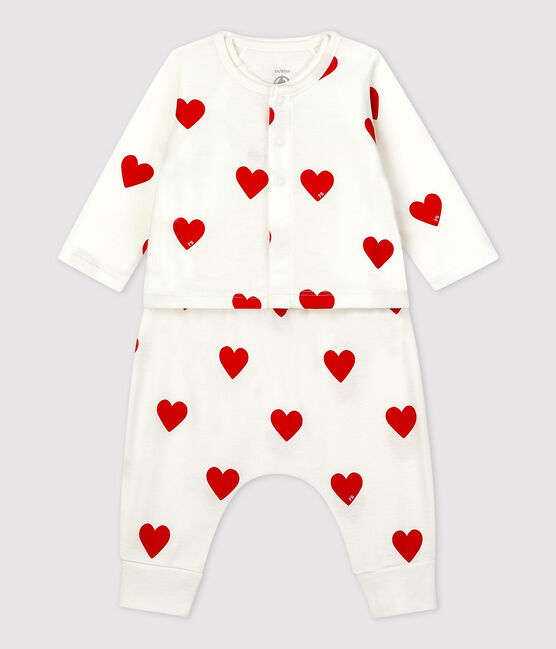 Dreiteiliges Baby-Set aus Bio-Baumwolle mit rotem Herzmuster weiss MARSHMALLOW/rot TERKUIT