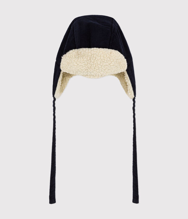 Baby-M&uuml;tze mit Ohrenklappen aus Samt und Sherpa blau