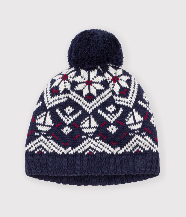 Baby-M&uuml;tze aus Woll- und Baumwoll-Jacquard mit Fleece-Futter blau/naturfarben/rot