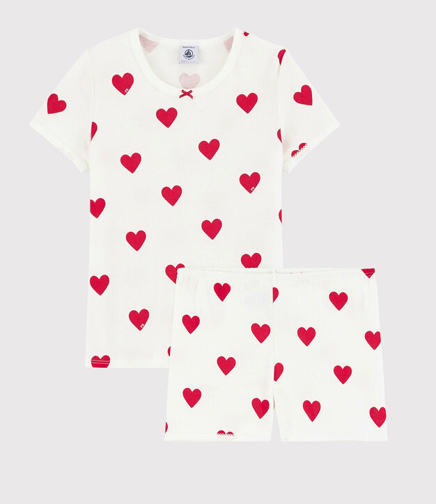 Kinder- Shorts Pyjama aus Baumwolle mit Herzmuster weiss/rot