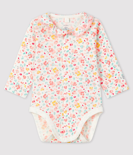Geblümter Baby-Body für Mädchen mit Kragen aus Rippstrick weiss MARSHMALLOW/weiss MULTICO