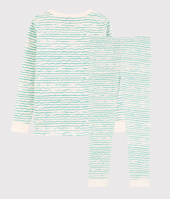 Snugfit-Kinderpyjama aus Baumwolle mit grünen Wellen für Jungen weiss MARSHMALLOW/ VERT